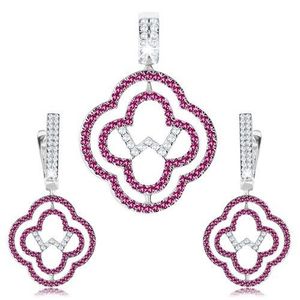 Set cercei și pandantiv, argint 925, contur flori, zirconii transparente și roz imagine