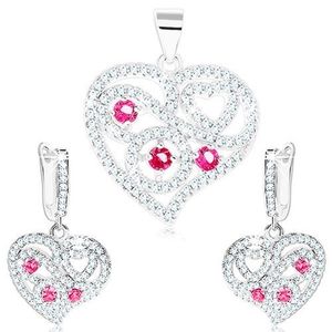 Set - cercei și pandantiv din argint 925, inimă transparentă, spirale, zirconii roz imagine