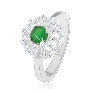 Inel realizat din argint 925, floare cu contururi de petale transparente, centru din zirconiu verde - Marime inel: 49 imagine