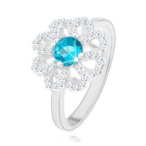 Inel strălucitor, argint 925, floare din zirconiu - petale transparente, centru albastru deschis - Marime inel: 49 imagine