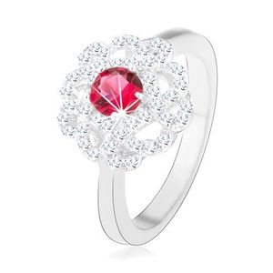 Inel realizat din argint 925, floare cu zirconiu roz închis și linii ondulate - Marime inel: 49 imagine