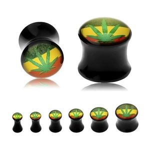 Plug șa neagră pentru ureche, frunză verde de canabis pe fundal tricolor rasta - Lățime: 10 mm imagine