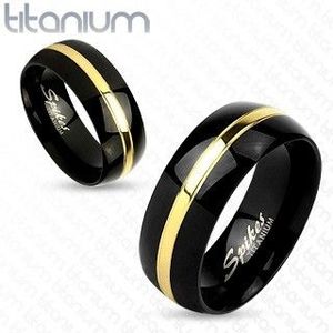 Inel din titan în două culori, supraață neagră rotunjită, fâșie aurie, 6 mm - Marime inel: 49 imagine
