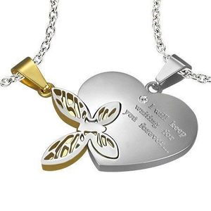 Pandantiv dublu din oțel, argintiu și auriu, inimă cu inscripție, fluture cu decupaje imagine