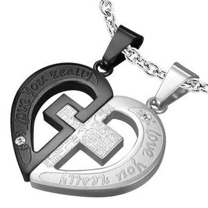 Pandantiv pentru cuplu, oțel 316L, argintiu și negru, inimă, cruce imagine