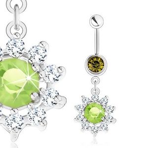 Piercing de buric din oțel, argintiu, floare - zirconiu verde, petale transparente imagine