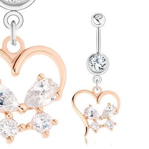 Piercing din oțel, argintiu și auriu, contur inimă, fluture cu zirconii imagine