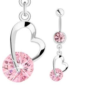 Piercing de buric din oțel, argintiu, zirconii roz, contur inimă imagine