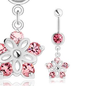 Piercing de buric din oțel, argintiu, floare strălucitoare, zirconii roz imagine