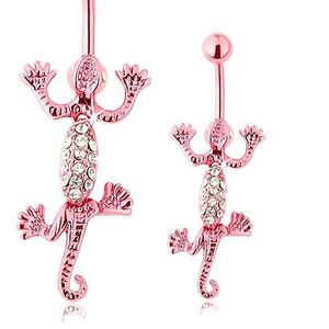 Piercing de buric, din oțel inoxidabil, șopârlă roz mișcătoare, zirconii transparente imagine