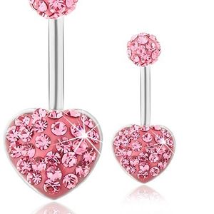 Piercing de buric din oțel, bilă și inimă, cristale roz închis strălucitoare imagine