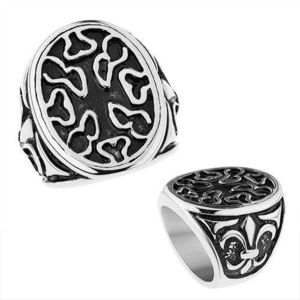 Inel din oțel cu patină, formă ovală cu striații asimetrice, Fleur de Lis - Marime inel: 56 imagine