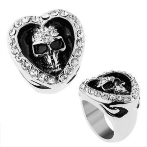 Inel realizat din oţel inoxidabil, inimă împodobită cu zirconii transparente, craniu patinat - Marime inel: 56 imagine