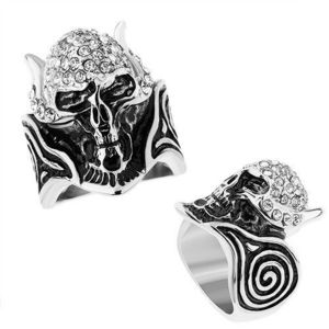 Inel din oţel, craniu cu coarne încrustate cu zirconii transparente, spirale patinate - Marime inel: 56 imagine