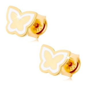 Cercei realizați din aur galben de 9K - fluture plat, lucios, contur cu email alb imagine