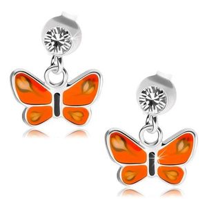 Cercei cu şurub, argint 925, cristal transparent, fluture cu aripi portocalii imagine