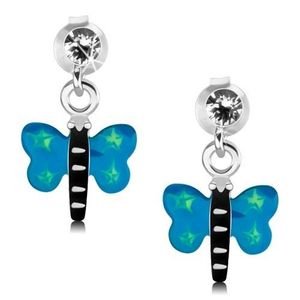 Cercei din argint 925, fluture cu aripi albastre şi stele verzi imagine