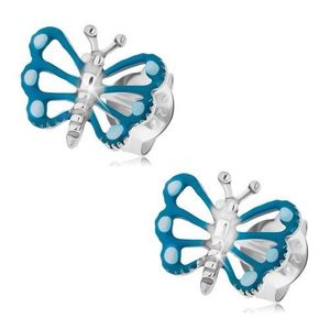 Cercei din argint 925, fluture cu aripi albastre şi corp patinat imagine
