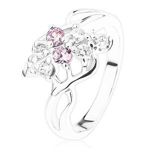 Inel lucios, culoare argintie, fundă din zirconii roz şi transparente - Marime inel: 50 imagine