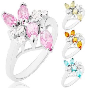 Inel lucios, brațe înguste argintii, zirconii colorate și transparente - Marime inel: 51, Culoare: Roz imagine