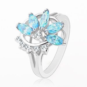Inel cu brațe lucioase despărțite, jumătate de floare albastră și transparentă - Marime inel: 48 imagine