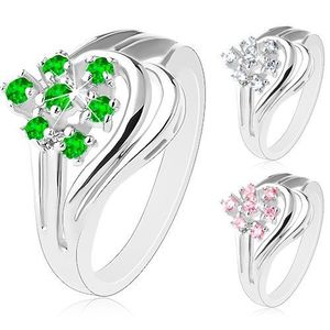 Inel argintiu cu brațe ramificate, zirconii rotunde transparente - Marime inel: 48, Culoare: Verde imagine