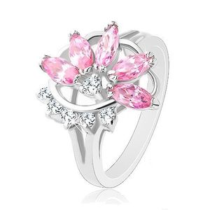 Inel cu brațe lucioase despicate, jumătate de floare roz-transparentă - Marime inel: 49 imagine