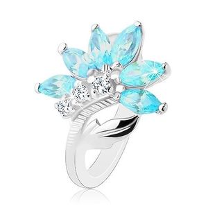 Inel de culoare argintie, floare din zirconii transparente şi bleu, frunză lucioasă - Marime inel: 48 imagine