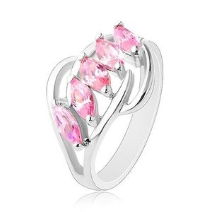 Inel de culoare argintie, arcade lucioase, linie de zirconii în formă de bob de culoare roz - Marime inel: 50 imagine