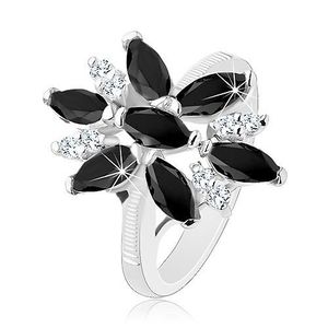 Inel lucios de culoare argintie, floare din zirconiu transparent și negru, brațe lucioase - Marime inel: 49 imagine