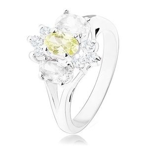 Inel lucios de culoare argintie, brațe despicate, floare galbenă și transparentă - Marime inel: 55 imagine