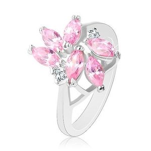 Inel înfrumusețat cu zirconii fațetate în formă de bob de culoare roz, două zirconii rotunde transparente - Marime inel: 49 imagine