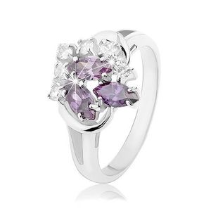 Inel de culoare argintie, braţe despicate, formă de bob violet, zirconii rotunde transparente - Marime inel: 49 imagine
