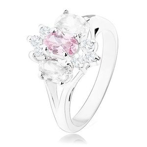 Inel strălucitor de culoare argintie, braţe despicate, floare roz şi transparentă - Marime inel: 49 imagine