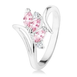 Inel de culoare argintie, braţe curbate, zirconii roz şi transparente - Marime inel: 49 imagine