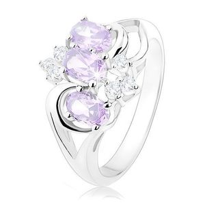 Inel strălucitor de culoare argintie, zirconii ovale, violet şi transparente - Marime inel: 49 imagine