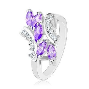 Inel de culoare argintie, forme de bob violet, linii transparente răsucite - Marime inel: 51 imagine