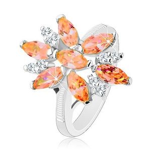 Inel strălucitor de culoare argintie, floare mare formată din zirconii portocalii şi transparente - Marime inel: 50 imagine