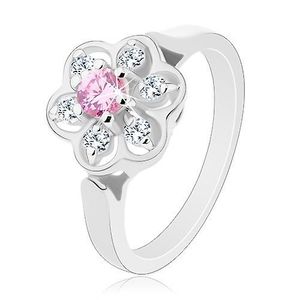 Inel de culoare argintie, floare transparentă, strălucitoare cu centru roz - Marime inel: 50 imagine