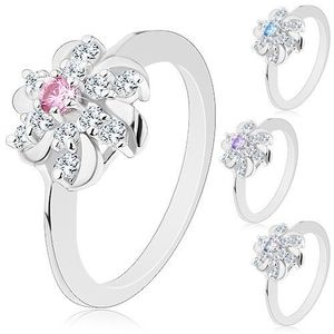 Inel de culoare argintie, floare transparentă cu centru colorat şi arcade lucioase - Marime inel: 55, Culoare: Roz imagine