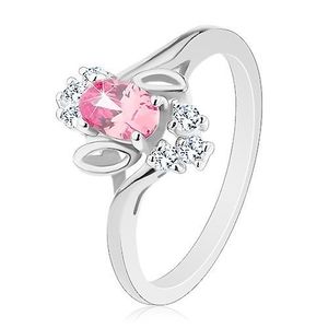 Inel de culoare argintie, zirconiu oval roz, frunze, zirconii transparente - Marime inel: 54 imagine
