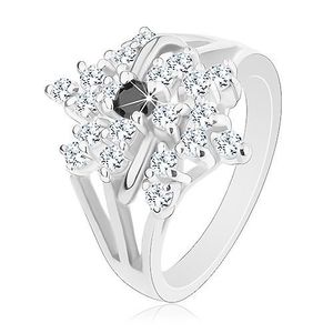 Inel de culoare argintie, braţe ramificate, floare transparentă, zirconiu negru - Marime inel: 49 imagine