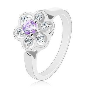 Inel de culoare argintie, floare transparentă strălucitoare cu centru violet deschis - Marime inel: 52 imagine