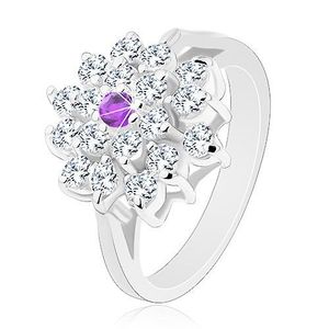 Inel de culoare argintie, floare mare, transparentă cu zirconiu violet în centru - Marime inel: 51 imagine