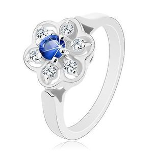 Inel de culoare argintie, floare transparentă cu zirconiu albastru închis - Marime inel: 50 imagine