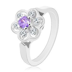 Inel strălucitor de culoare argintie, floare din zirconiu violet și transparent - Marime inel: 56 imagine