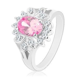 Inel de culoare argintie, zirconiu roz, oval, margine transparentă, frunze - Marime inel: 52 imagine