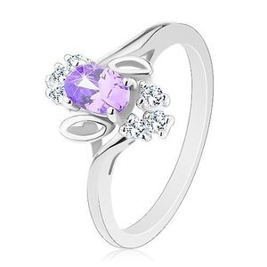 Inel strălucitor cu zirconiu oval, violet deschis, frunze, zirconii transparente - Marime inel: 51 imagine