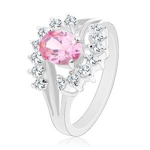 Inel de culoare argintie, zirconiu oval, roz, arcade transparente - Marime inel: 48 imagine