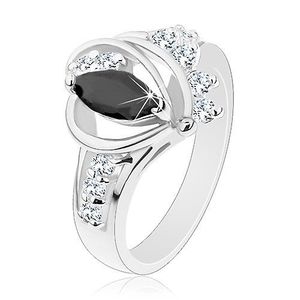 Inel de culoare argintie, zirconiu în formă de bob negru, arcade lucioase, zirconii transparente - Marime inel: 49 imagine